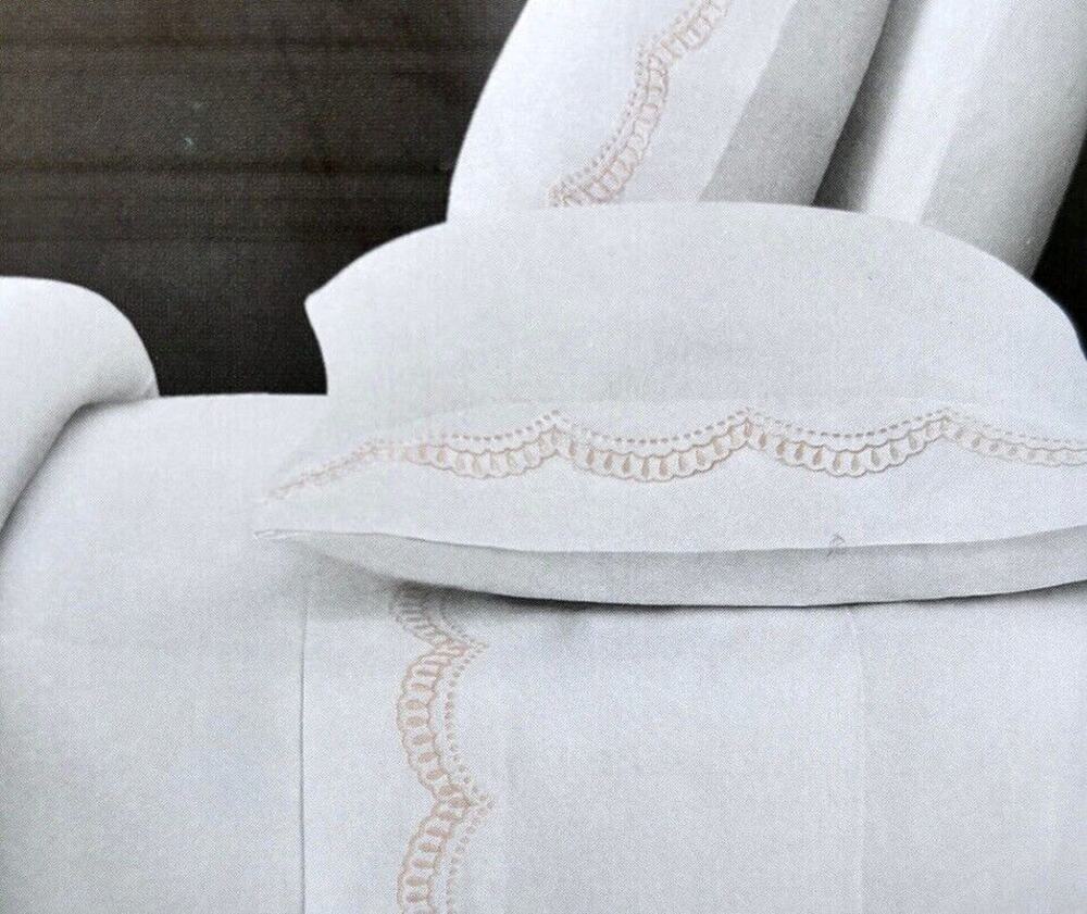 Rachel Ashwell Embroidered Scallop KING Sheet Set Pink Peach White 100% Cotton